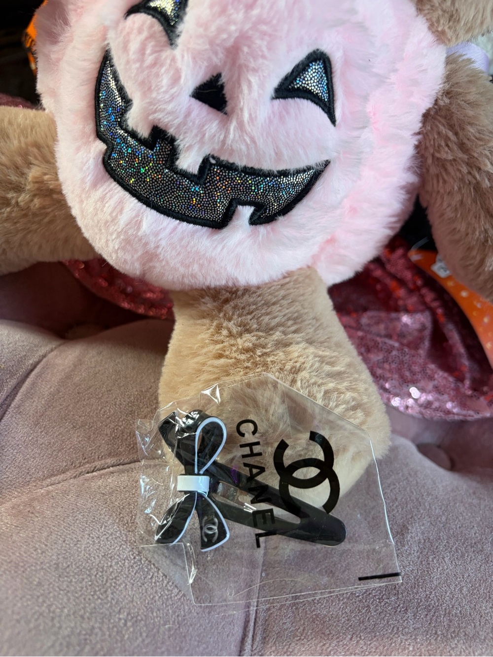 Unlisted Pink Plush Pumpkin Face Stuffed Toy with Glitter Black Jack-o'-Lantern